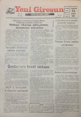 Yeni Giresun Gazetesi 23 Şubat 1991 Gürcistan Dışişleri Bakan Yardımcısı Malhas Kardeş Şehir Olalım GZ25528 - 1