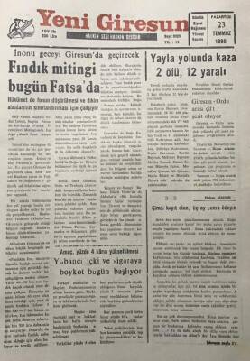 Yeni Giresun Gazetesi 23 Temmuz 1990İnönü Geceyi Giresunda Geçirecek GZ30108 - 1