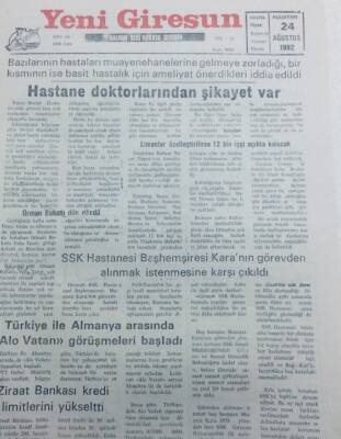 Yeni Giresun Gazetesi 24 Ağustos 1992 - Doktorlardan Şikayet Var GZ40723 - 1