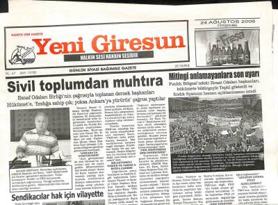 Yeni Giresun Gazetesi 24 Ağustos 2006 - Sivil Toplumdan Muhtıra GZ108609 - 1