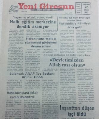 Yeni Giresun Gazetesi 24 Eylül 1992 - Devletimizden Allah Razı Olsun GZ40724 - 1