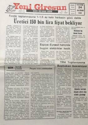 Yeni Giresun Gazetesi 24 Haziran 1996 Fındık Toplanmasına 1-1.5 Ay Kala Herkesin Gözü Dalda GZ30502 - 1