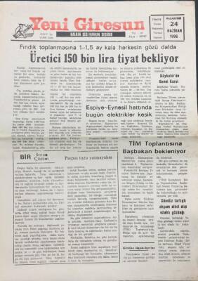 Yeni Giresun Gazetesi 24 Haziran 1996- Üretici 150 Bin Lira Fiyat Bekliyor GZ14016 - 2