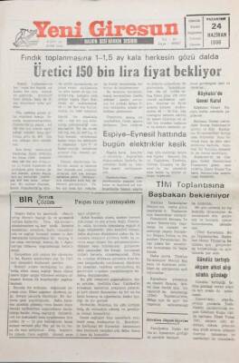 Yeni Giresun Gazetesi 24 Haziran 1996 Üretici 150 Bin Lira Fiyat Bekliyor GZ26072 - 1