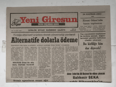 Yeni Giresun Gazetesi 24 Haziran 2003 - Öğrenci Harçları Zamlanıyor GZ5904 - 1