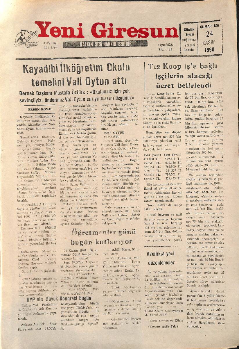 Yeni Giresun Gazetesi 24 Kasım 1990 - Kayadibi İlköğretim Okulu Temelini Vali Oytun Attı - DYP'nin Büyük Kongresi Bugün - Giresunspor Beykoz Önünde GZ137764 - 1
