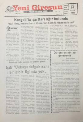 Yeni Giresun Gazetesi 24 Kasım 1992 IşıkÜçkaya Dalgakıranı İle Hiçbir İlgimiz Yok GZ25646 - 1