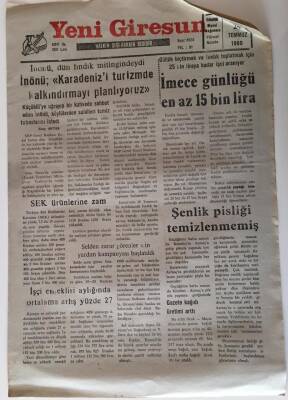 Yeni Giresun Gazetesi 24 Temmuz 1990 - İnönü Fındık Mitinginde Karadenizi Turizmde Kalkındırmayı Planlıyoruz Dedi GZ28717 - 1