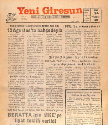 Yeni Giresun Gazetesi 24 Temmuz 1992 - Fiskobirlikten Giresunspora Destek GZ107996 - 1