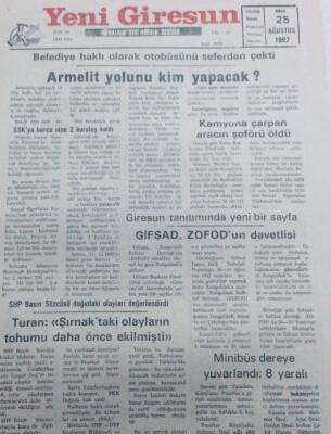 Yeni Giresun Gazetesi 25 Ağustos 1992 - Armelit Yolunu Kim Yapacak GZ40722 - 1