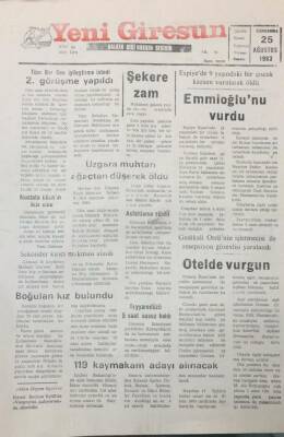 Yeni Giresun Gazetesi 25 Ağustos 1993 Gedikali Otelinde Vurgun GZ25643 - 1