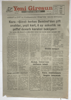 Yeni Giresun Gazetesi 25 Ekim 1991 - Akdağ İnönü nün İstifasını İstedi GZ3732 - 1