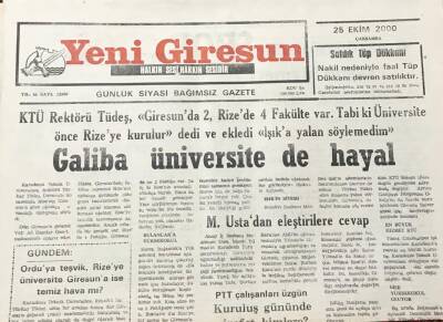 Yeni Giresun Gazetesi 25 Ekim 2000 Giresunun Nüfusu 84 Bin GZ30367 - 1