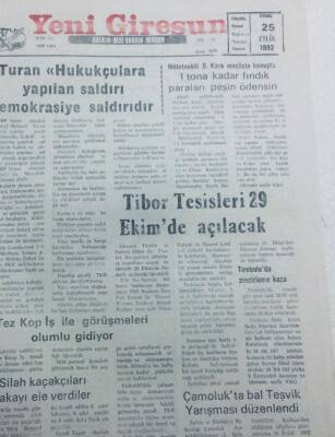 Yeni Giresun Gazetesi 25 Eylül 1992 - Tibör Tesisleri 29 Ekimde Açılacak GZ40720 - 1