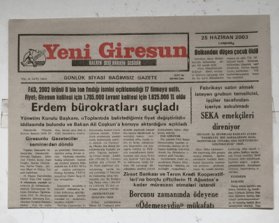 Yeni Giresun Gazetesi 25 Haziran 2003 - Balkondan Düşen Çocuk Öldü GZ5901 - 2