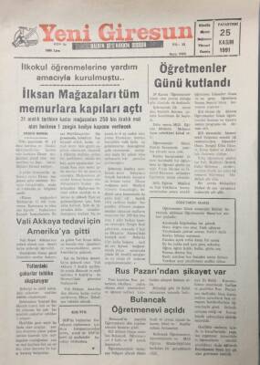 Yeni Giresun Gazetesi 25 Kasım 1991 Vali Akkaya Tedavi İçin Amerikaya Gitti GZ25534 - 1