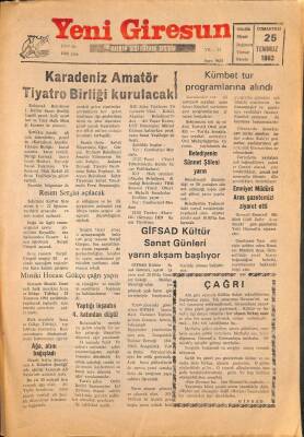 Yeni Giresun Gazetesi 25 Temmuz 1992 - Karadeniz Amatör Tiyatro Birliği Kurulacak GZ108004 - 1