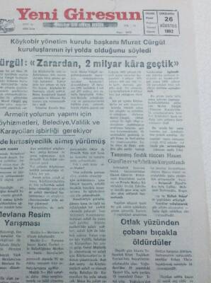 Yeni Giresun Gazetesi 26 Ağustos 1992 - Otlak Yüzünden Çobanı Öldürdüler GZ40721 - 1