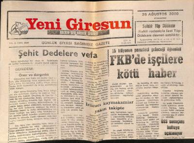 Yeni Giresun Gazetesi 26 Ağustos 2000 - FKBde İşçilere Kötü Haber GZ77964 - 1