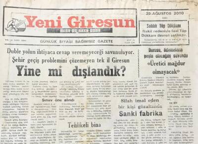 Yeni Giresun Gazetesi 26 Ağustos 2000 - Silah İmal Eden Bir Kişi Gözaltında Sanki Fabrika GZ30898 - 1
