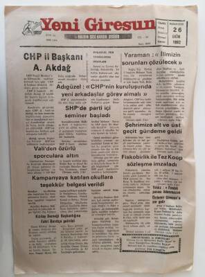 Yeni Giresun Gazetesi 26 Ekim 1992 - CHP İl Başkanı Abdullah Akdağ GZ28731 - 1