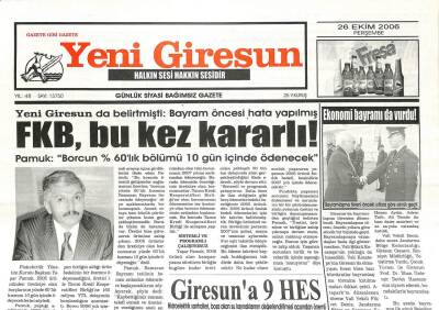 Yeni Giresun Gazetesi 26 Ekim 2006 - FKB Bu Kez Kararlı, Giresuna 9 HES GZ107929 - 1