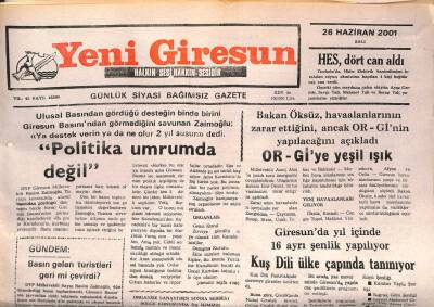 Yeni Giresun Gazetesi 26 Haziran 2001 - OR-Gİye Yeşil Işık GZ107853 - 1
