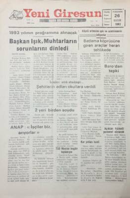 Yeni Giresun Gazetesi 26 Kasım 1992 Giresunspor G.Kaptanı A.Bektaş Beyin Kanaması Geçirdi GZ25644 - 1
