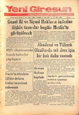 Yeni Giresun Gazetesi 26 Mart 1974 - Genel Af Ve Siyasi Hakların İadesine İlişkin Tasarılar Mecliste Görüşülecek GZ108533 - 1