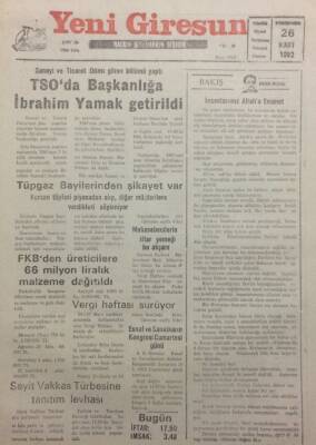 Yeni Giresun Gazetesi 26 Mart 1992 - Tso Başkanı İbrahim Yamak Oldu GZ34578 - 1