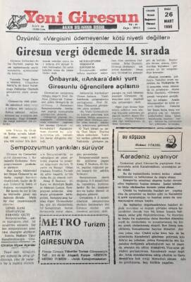 Yeni Giresun Gazetesi 26 Mart 1996 Giresun Vergi Ödemede 14. Sırada GZ30515 - 1