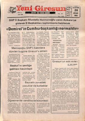 Yeni Giresun Gazetesi 26 Nisan 1993 - Giresunun Eski Evleri - Baykalın Şenliğe Gelmesi Kesinleşti GZ90873 - 1