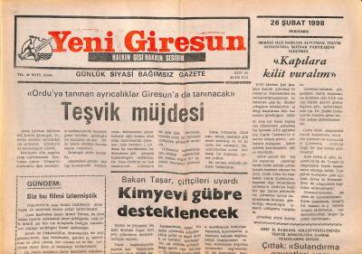 Yeni Giresun Gazetesi 26 Şubat 1998 - Giresuna Teşvik Müjdesi GZ107884 - 1