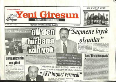 Yeni Giresun Gazetesi 26 Şubat 2008 - GÜde Türbana İzin Yok GZ101949 - 2