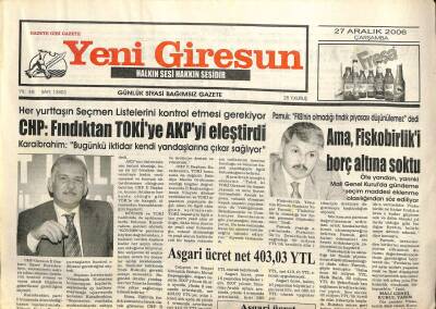 Yeni Giresun Gazetesi 27 Aralık 2006 - Asgari Ücret 403,03 Ytl GZ101794 - 2