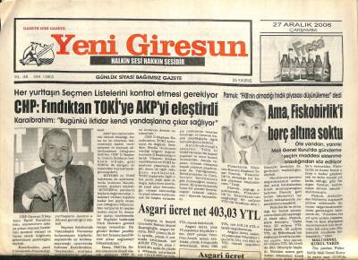 Yeni Giresun Gazetesi 27 Aralık 2006 - CHP Fındıktan TOKİye AKPyi Eleştirdi GZ101964 - 1