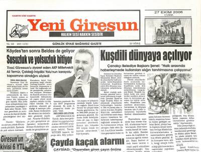 Yeni Giresun Gazetesi 27 Ekim 2006 - Kuşdili Dünyaya Açılıyor GZ107930 - 1