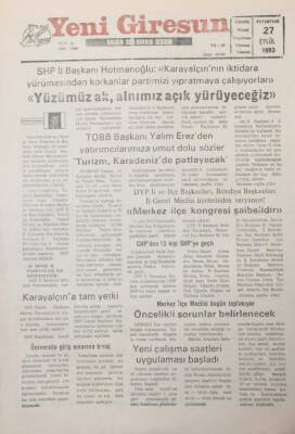 Yeni Giresun Gazetesi 27 Eylül 1993 Yalım ErezTurizm Karadenizde Patlayacak GZ26038 - 1