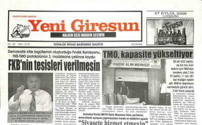 Yeni Giresun Gazetesi 27 Eylül 2006 - FKBnin Tesisleri Verilmesin GZ107802 - 1