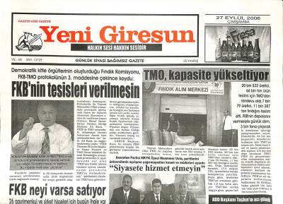 Yeni Giresun Gazetesi 27 Eylül 2006 - TMO Kapasite Yükseltiyor GZ107803 - 1