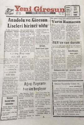 Yeni Giresun Gazetesi 27 Mart 1990 Ağaç Bayramı Bugün Başlıyor GZ30281 - 1