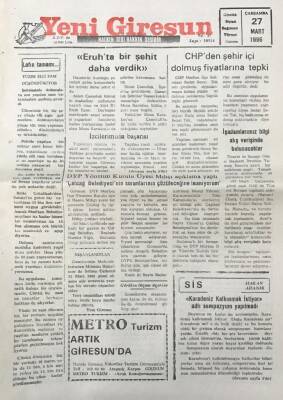 Yeni Giresun Gazetesi 27 Mart 1996 Eruhta Bir Şehit Daha Verdik GZ30438 - 1