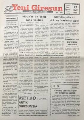 Yeni Giresun Gazetesi 27 Mart 1996 Sivas Eruhta Bir Şehit Daha Verdik GZ30538 - 1
