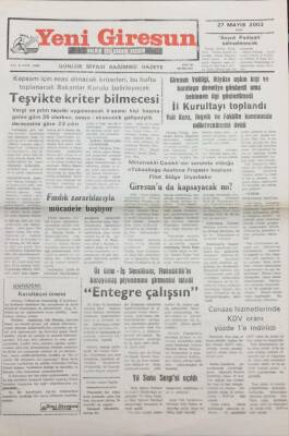Yeni Giresun Gazetesi 27 Mayıs 2003 Öz Gıda-İş Sendikası,Fiskobirlikin Kuruyemiş Piyasasına Girmesini İstedi GZ30799 - 1
