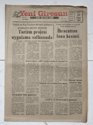 Yeni Giresun Gazetesi 27 Nisan 1993 - Turizm Projesi Uygulama Safhasında GZ7445 - 1