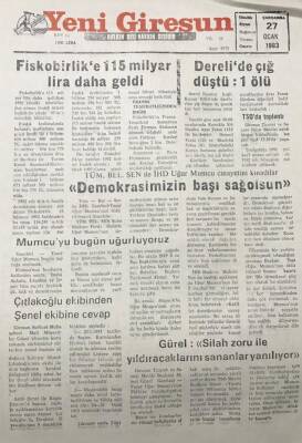 Yeni Giresun Gazetesi 27 Ocak 1993Tüm .Bel.Sen İle İHD Uğur Mumcu Cinayetini Kınadı Demokrasimizin Başı Sağolsun GZ30671 - 1