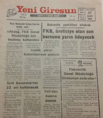 Yeni Giresun Gazetesi 27 Şubat 1992 - FKB Borcunu Yarın Ödeyecek GZ35442 - 1