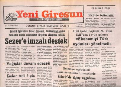 Yeni Giresun Gazetesi 27 Şubat 2001 - Ahmet Necdet Sezere İmzalı Destek GZ107874 - 1