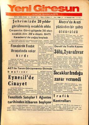Yeni Giresun Gazetesi 27 Temmuz 1973 - Alucrada Bir Kişi Öldürüldü GZ108503 - 1