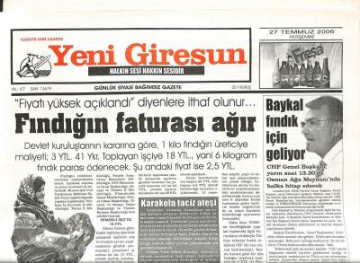 Yeni Giresun Gazetesi 27 Temmuz 2006 - Fındığın Faturası Ağır GZ108585 - 1